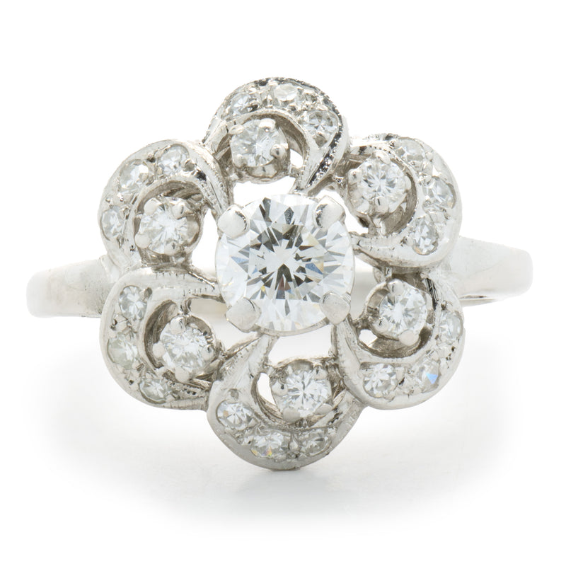 14 Karat White Gold Vintage Diamond Flower Ring