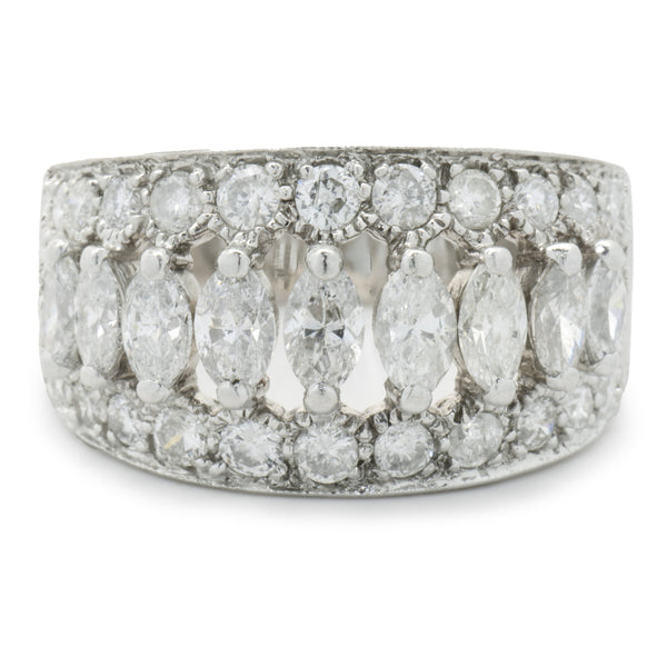 14 Karat White Gold Marquise Cut Three Row Diamond Cigar Band
