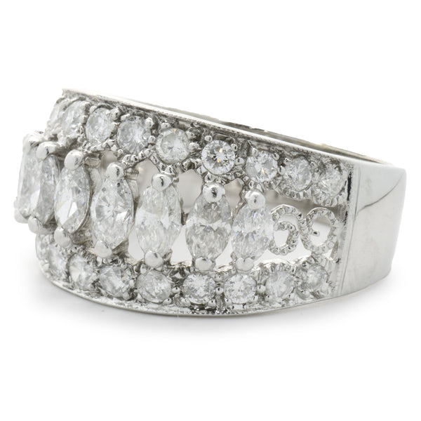 14 Karat White Gold Marquise Cut Three Row Diamond Cigar Band