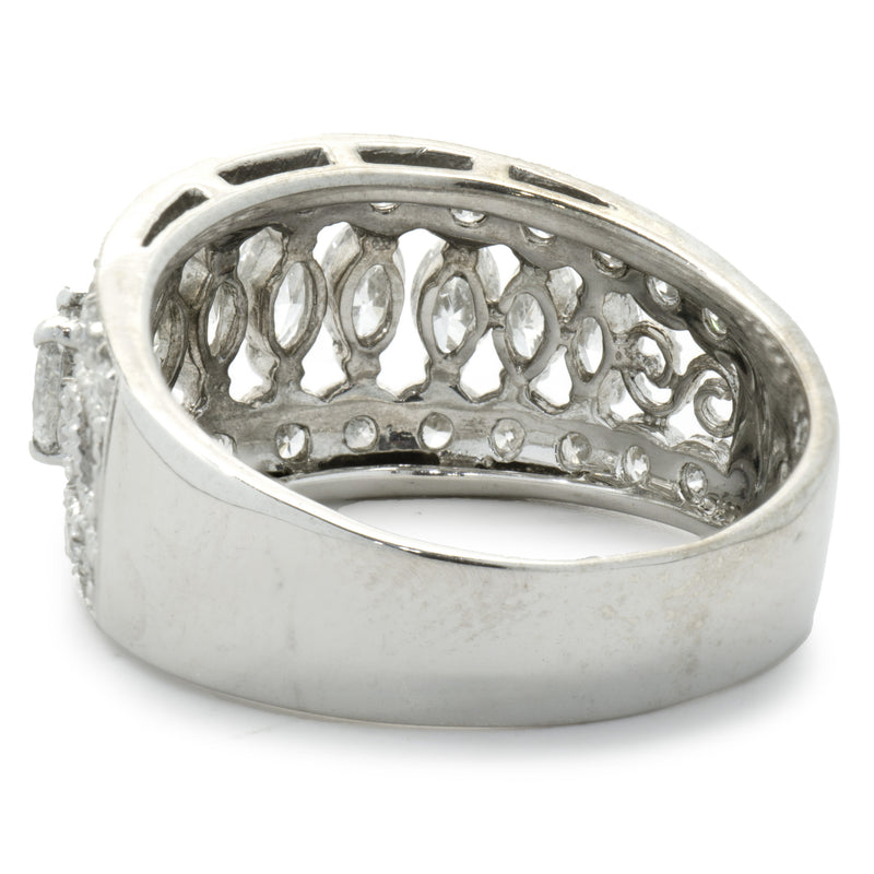 14 Karat White Gold Marquise Cut Three Row Diamond Cigar Band