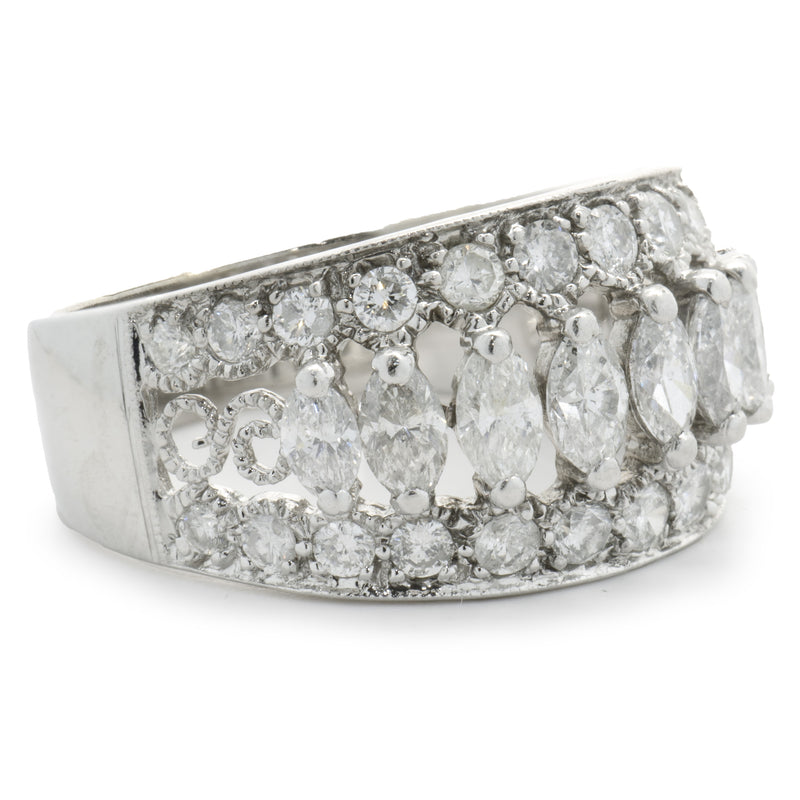 14 Karat White Gold Marquise Cut Three Row Diamond Cigar Band