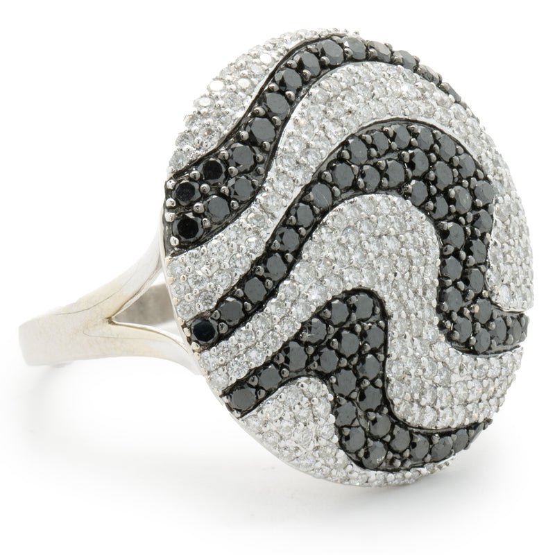 14 Karat White Gold Pave Black and White Diamond Zebra Print Ring