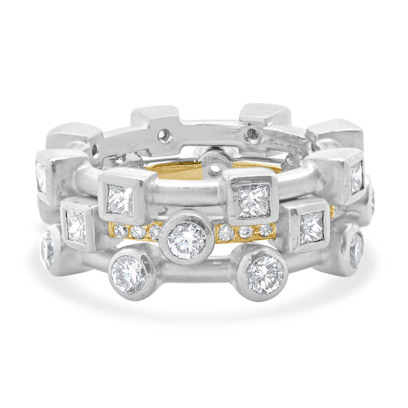 18 Karat White & Rose Gold Three Row Bezel Set Diamond Geometric Ring
