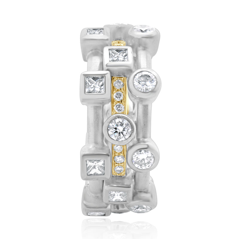 18 Karat White & Rose Gold Three Row Bezel Set Diamond Geometric Ring