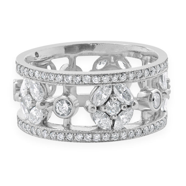 14 Karat White Gold Diamond Floral Station Cigar Band