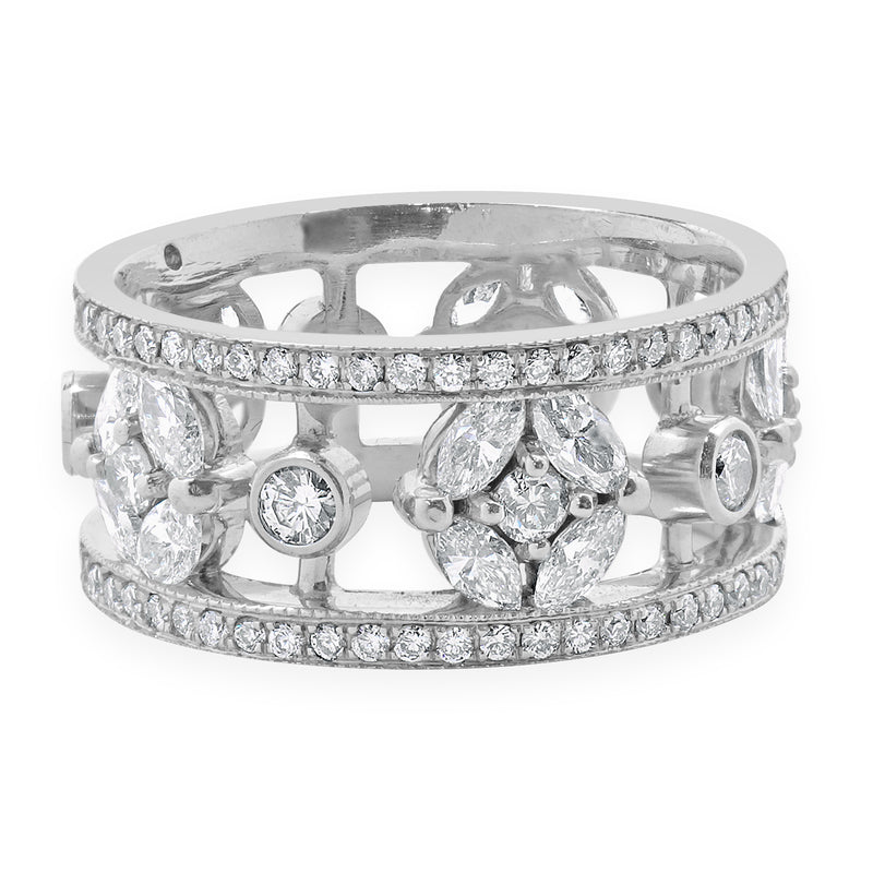 14 Karat White Gold Diamond Floral Station Cigar Band