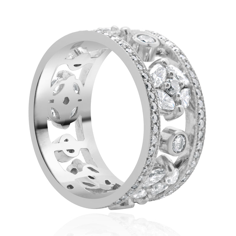 14 Karat White Gold Diamond Floral Station Cigar Band