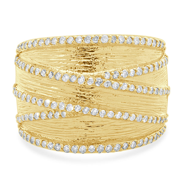 14 Karat Yellow Gold Textured Wide Diamond Crossover Band