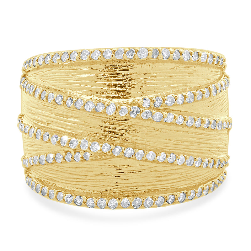 14 Karat Yellow Gold Textured Wide Diamond Crossover Band