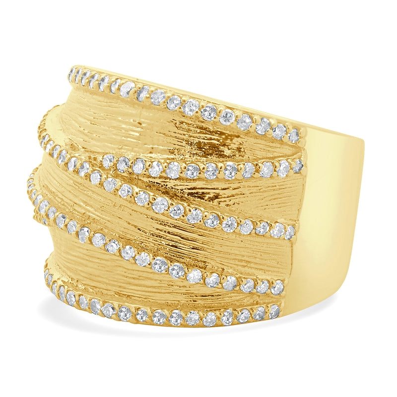 14 Karat Yellow Gold Textured Wide Diamond Crossover Band