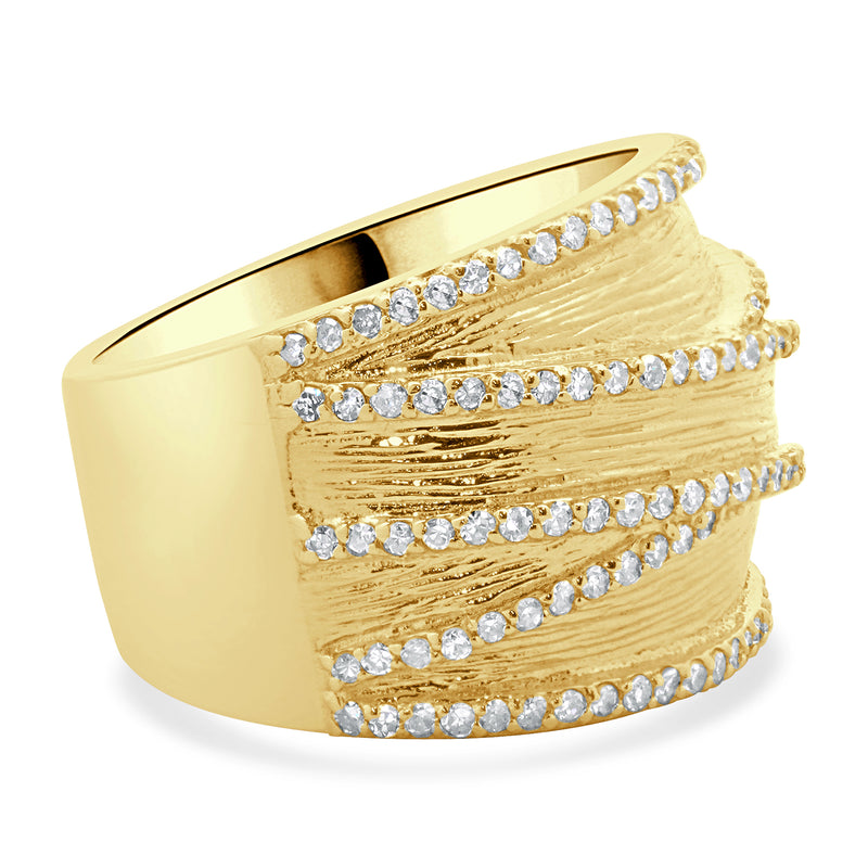 14 Karat Yellow Gold Textured Wide Diamond Crossover Band
