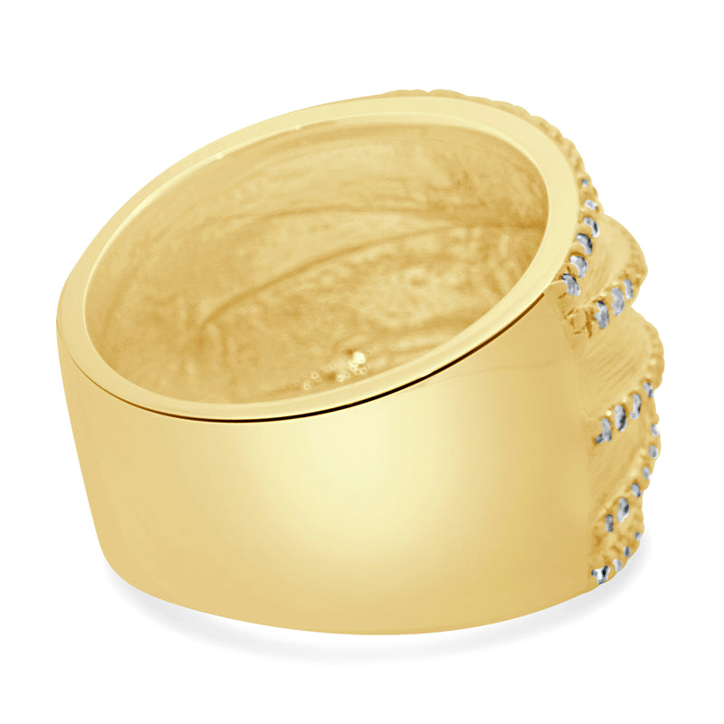14 Karat Yellow Gold Textured Wide Diamond Crossover Band