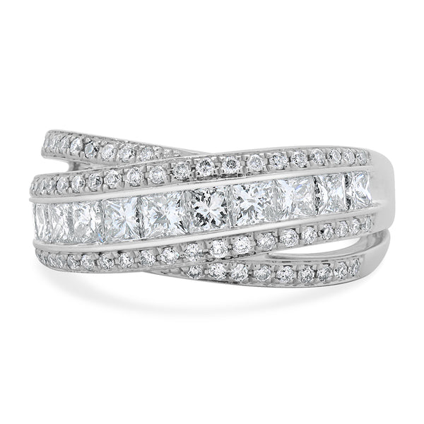 14 Karat White Gold Round and Princess Cut Diamond Crossover Ring