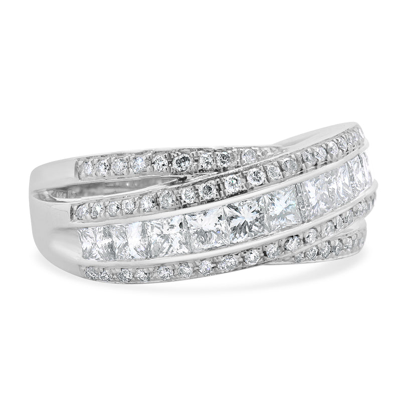 14 Karat White Gold Round and Princess Cut Diamond Crossover Ring