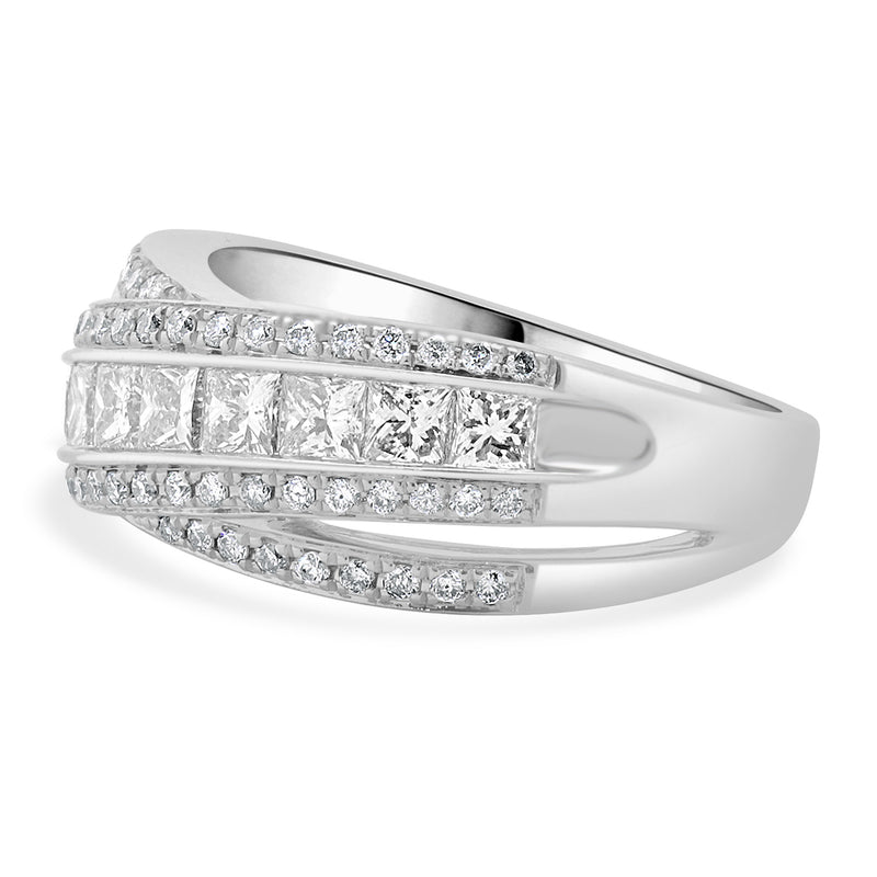 14 Karat White Gold Round and Princess Cut Diamond Crossover Ring