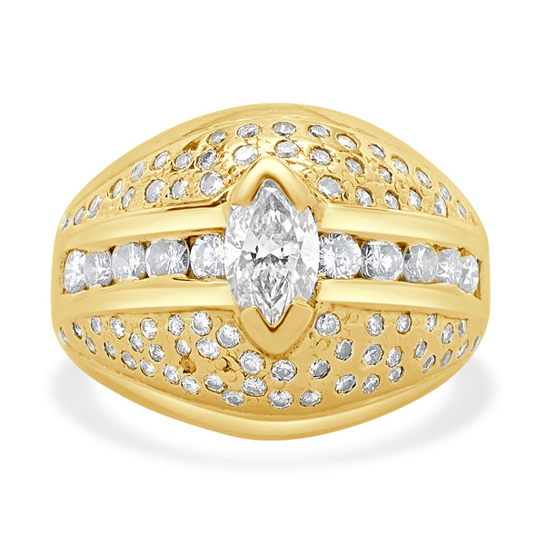 14 Karat Yellow Gold Marquise Cut Pave Diamond Dome Ring