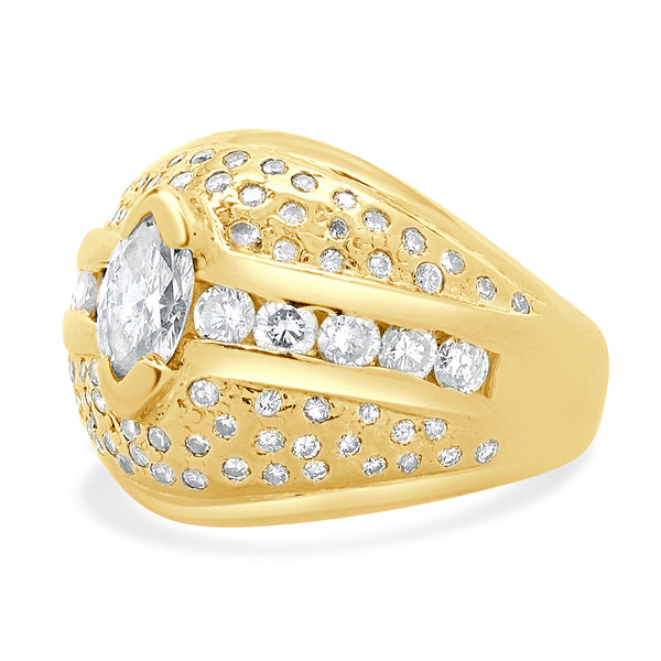 14 Karat Yellow Gold Marquise Cut Pave Diamond Dome Ring
