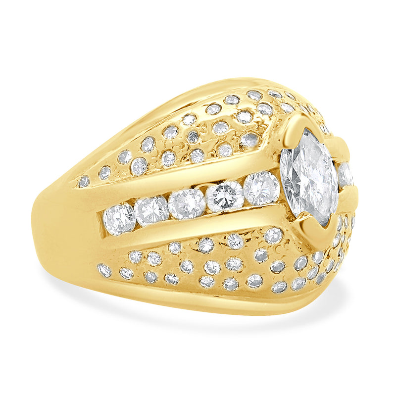 14 Karat Yellow Gold Marquise Cut Pave Diamond Dome Ring