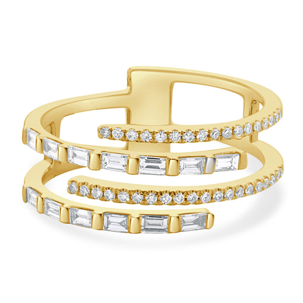 14 Karat Yellow Gold 4 Row Baguette and Round Diamond Ring