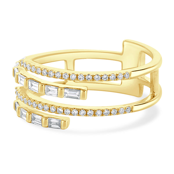 14 Karat Yellow Gold 4 Row Baguette and Round Diamond Ring