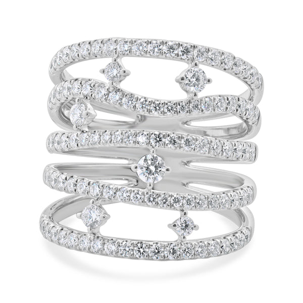 14 Karat White Gold 5 Row Sprinkled Diamond Fashion Ring