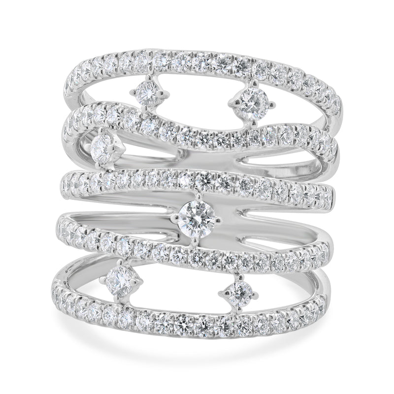 14 Karat White Gold 5 Row Sprinkled Diamond Fashion Ring