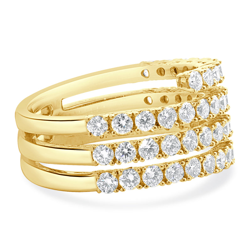14 Karat Yellow Gold Four Row Diamond Bypass Ring