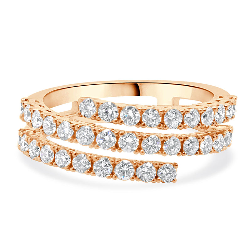 14 Karat Rose Gold Three Row Diamond Bypass Ring