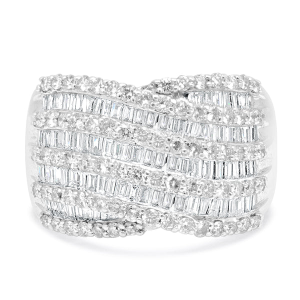 14 Karat White Gold Round and Baguette Diamond Multi Row Cigar Band