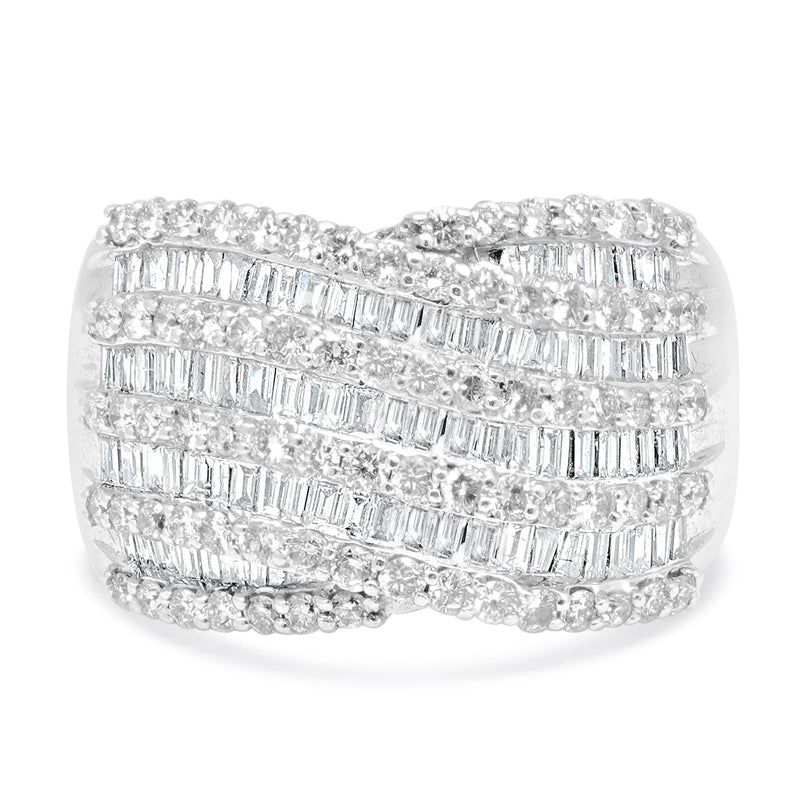 14 Karat White Gold Round and Baguette Diamond Multi Row Cigar Band