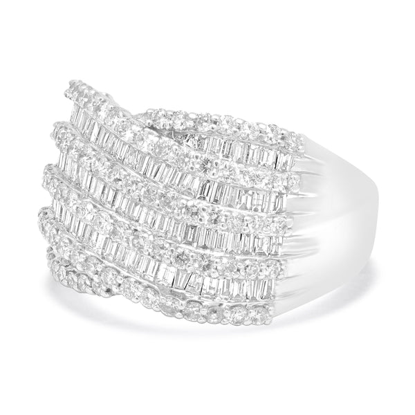 14 Karat White Gold Round and Baguette Diamond Multi Row Cigar Band