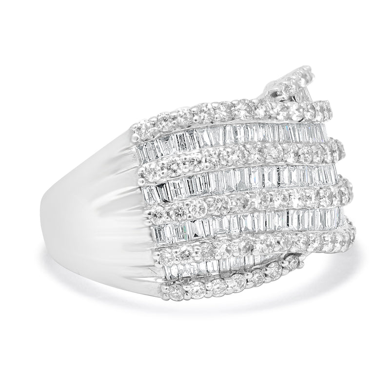 14 Karat White Gold Round and Baguette Diamond Multi Row Cigar Band