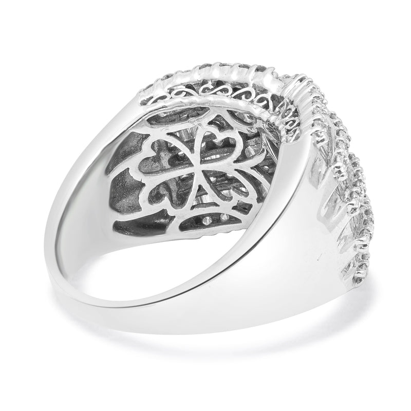 14 Karat White Gold Round and Baguette Diamond Multi Row Cigar Band