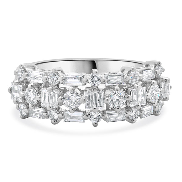 18 Karat White Gold Round and Baguette Diamond Three Row Band