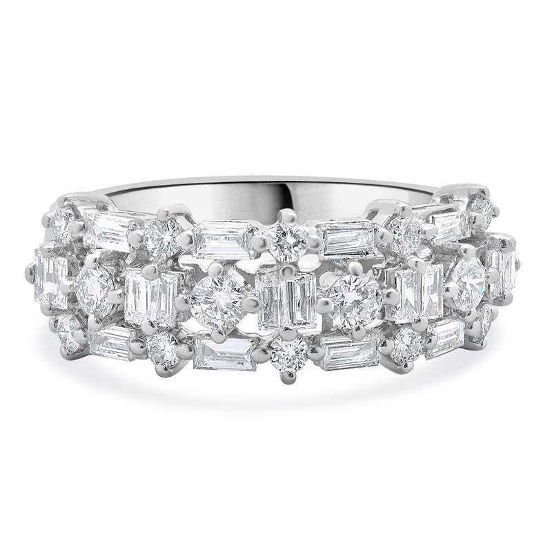 18 Karat White Gold Round and Baguette Diamond Three Row Band