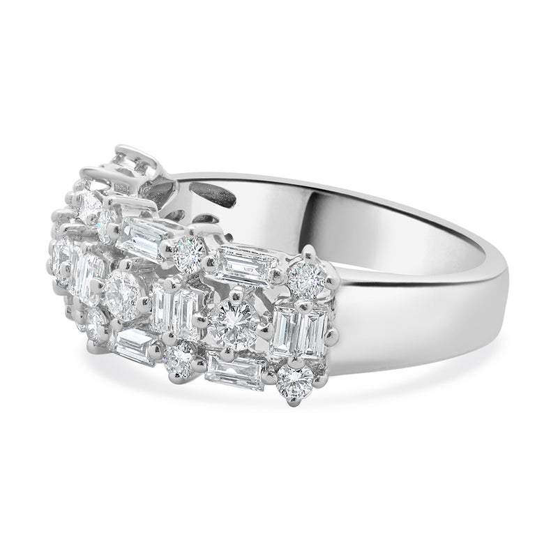 18 Karat White Gold Round and Baguette Diamond Three Row Band