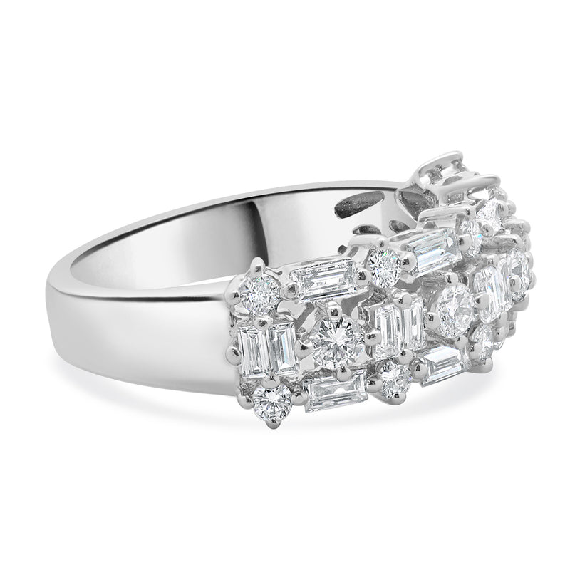 18 Karat White Gold Round and Baguette Diamond Three Row Band