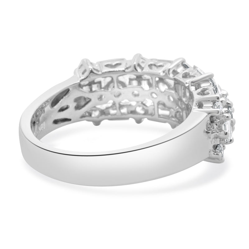 18 Karat White Gold Round and Baguette Diamond Three Row Band