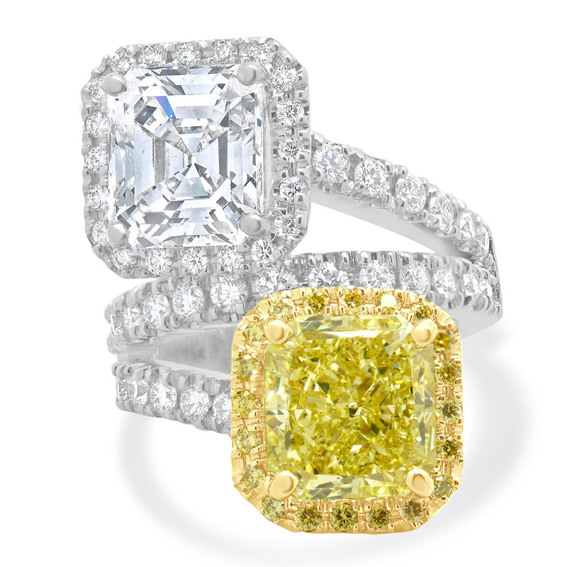 18 Karat White & Yellow Gold Fancy Yellow Radiant and Emerald Cut Diamond Bypass