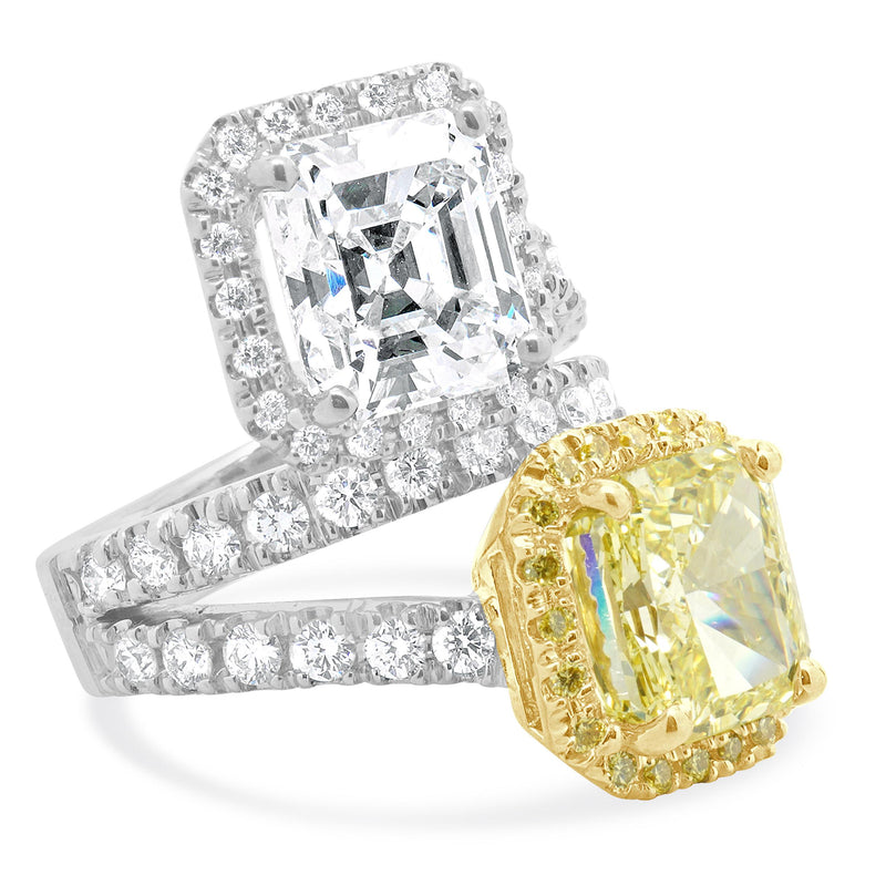 18 Karat White & Yellow Gold Fancy Yellow Radiant and Emerald Cut Diamond Bypass