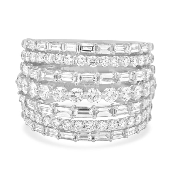 14 Karat White Gold Round and Baguette Diamond Seven Row Dome Ring