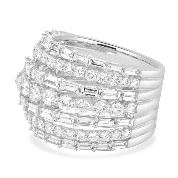 14 Karat White Gold Round and Baguette Diamond Seven Row Dome Ring
