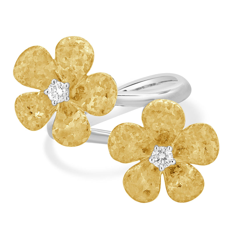 18 Karat White and Yellow Gold Diamond Double Flower Ring