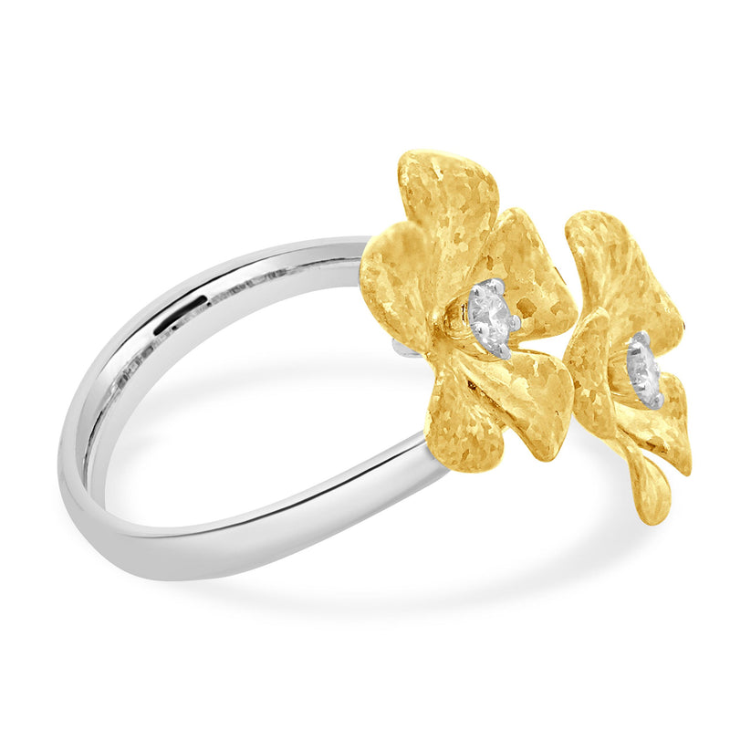18 Karat White and Yellow Gold Diamond Double Flower Ring
