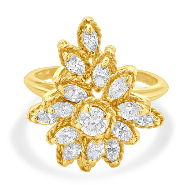18 Karat Yellow Gold Marquise and Round Brilliant Diamond Cocktail Ring