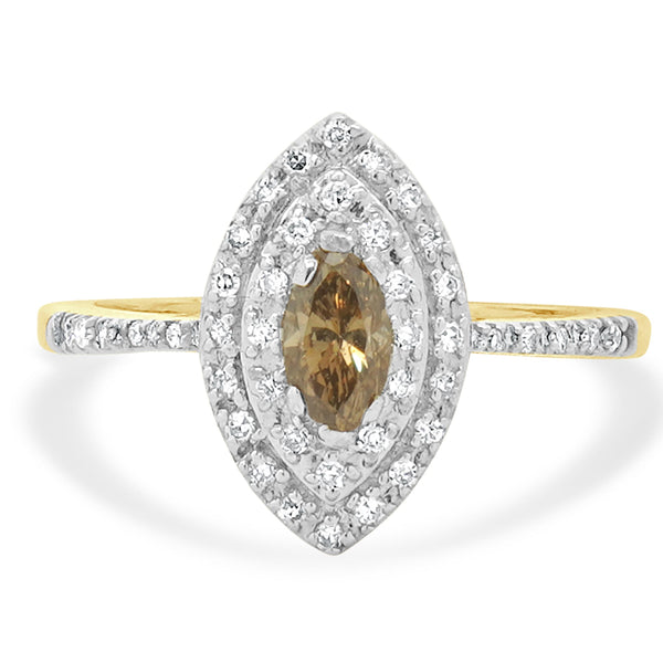 14 Karat Yellow Gold Brown & White Diamond Marquise Shaped Cocktail Ring