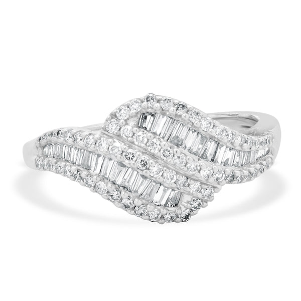 14 Karat White Gold Round and Baguette Diamond Knot Ring