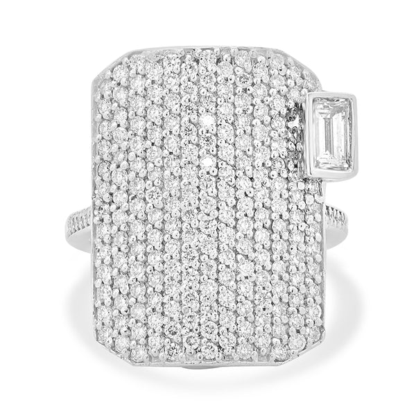 14 Karat White Gold Pave Diamond Shield Ring with Emerald Cut Diamond