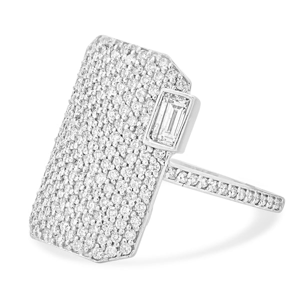 14 Karat White Gold Pave Diamond Shield Ring with Emerald Cut Diamond