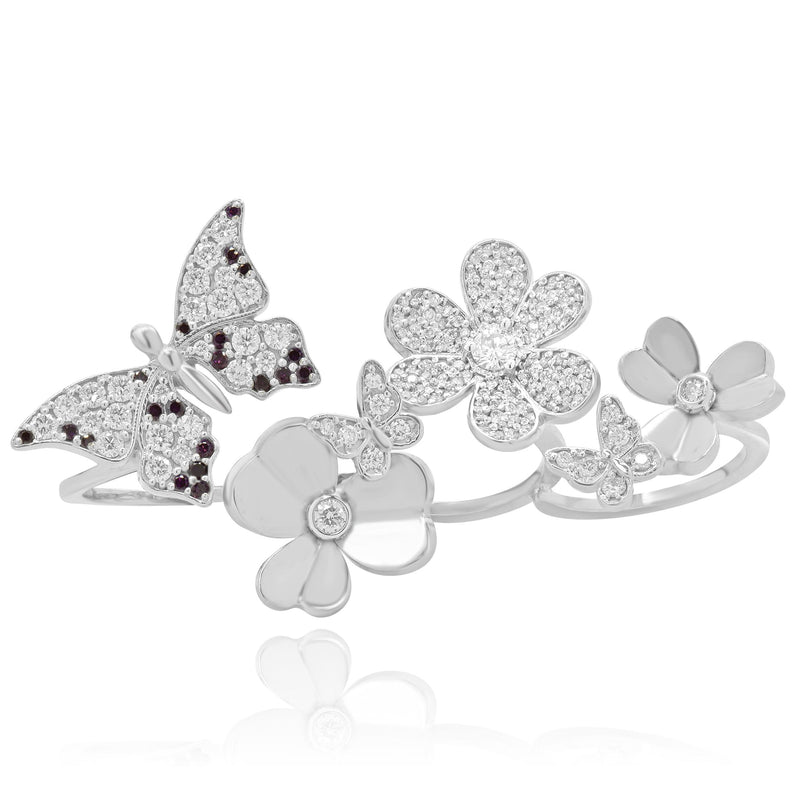 14 Karat White Gold Pave White and Purple Diamond Three Finger Butterfly and Flo